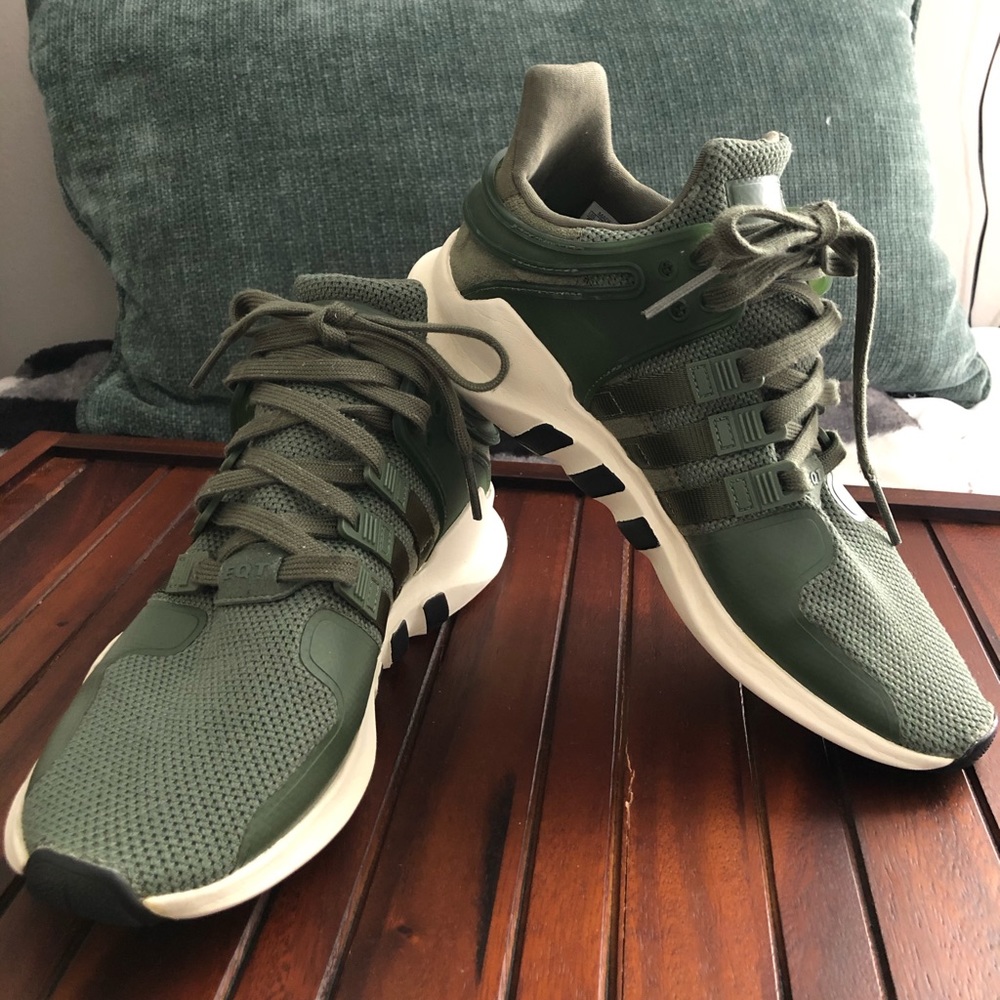 Army Green Adidas EQT athletic shoes